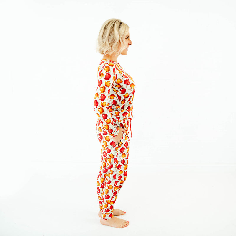Side view of a woman in fall pajamas. 