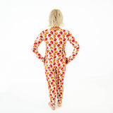 Back view of a woman in fall pajamas.