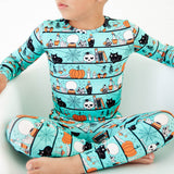 Close-up of bamboo halloween themed pajamas. 