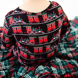Back of train print holiday pajamas. 