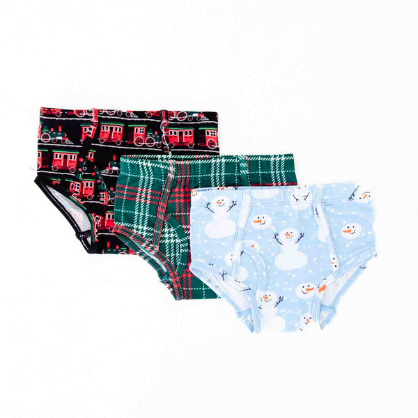 Three pairs of boys holiday underwear.