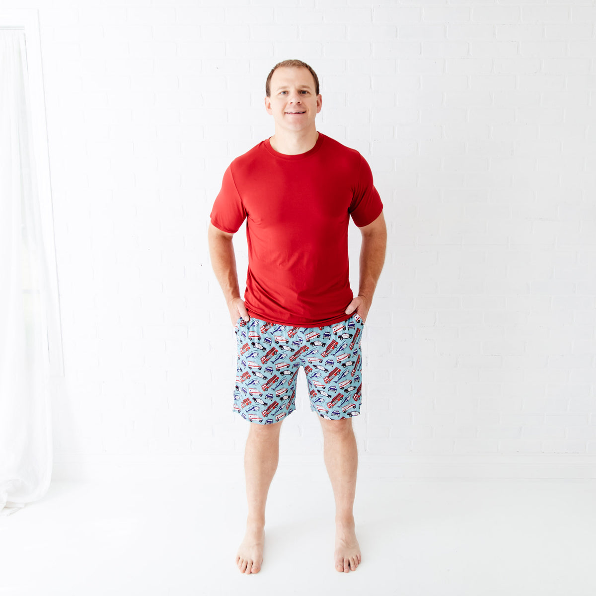 Men's lounge set featuring patriotic-themed shorts and graphic tee