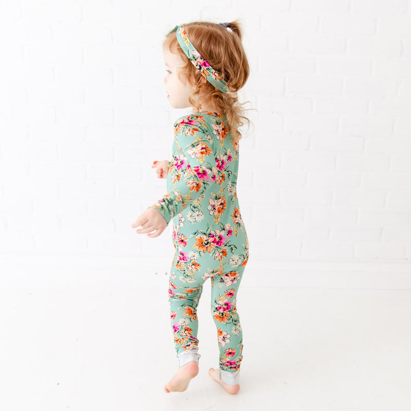 Pijama De Una Pieza Para Bebé Con Pies - Estampado De Flores, Tejido Rippóptico, Cierre De Botones Y Patas Variables