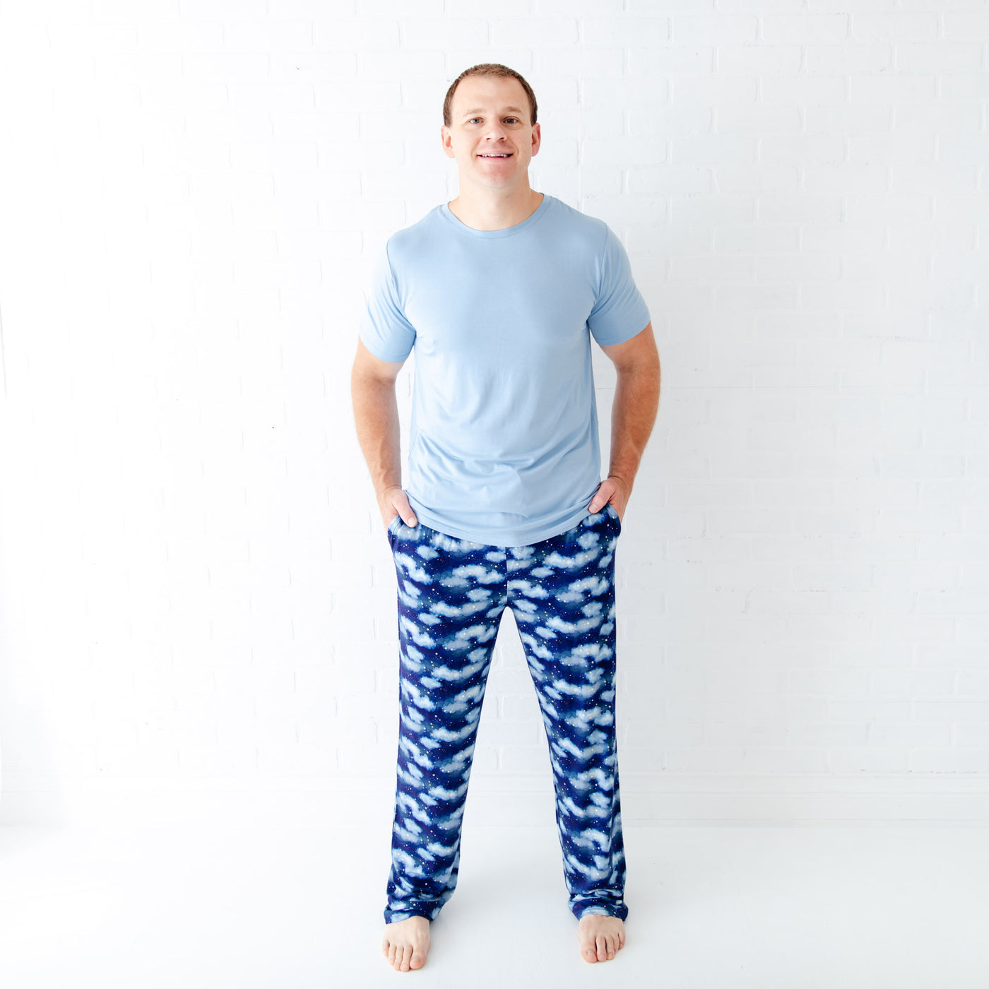 Men's navy loungewear set with light blue accents