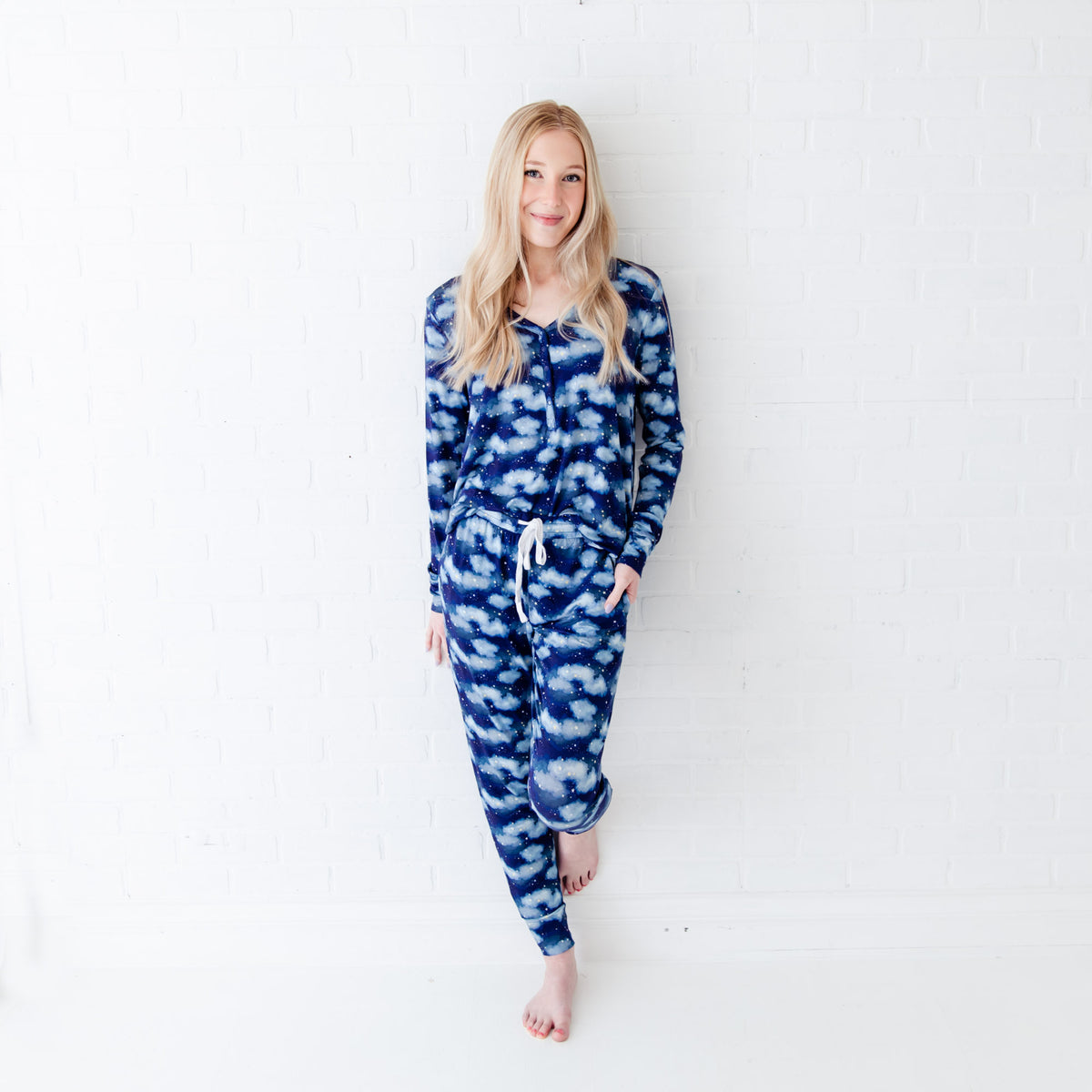Women’s navy lounge set with soft sky-blue trim