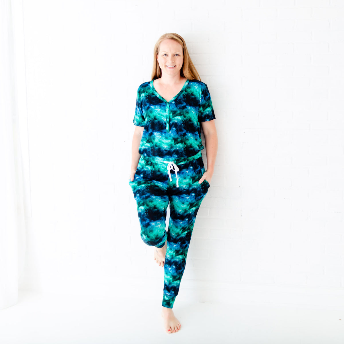 Women’s pajama set with ocean blue top and patterned pants