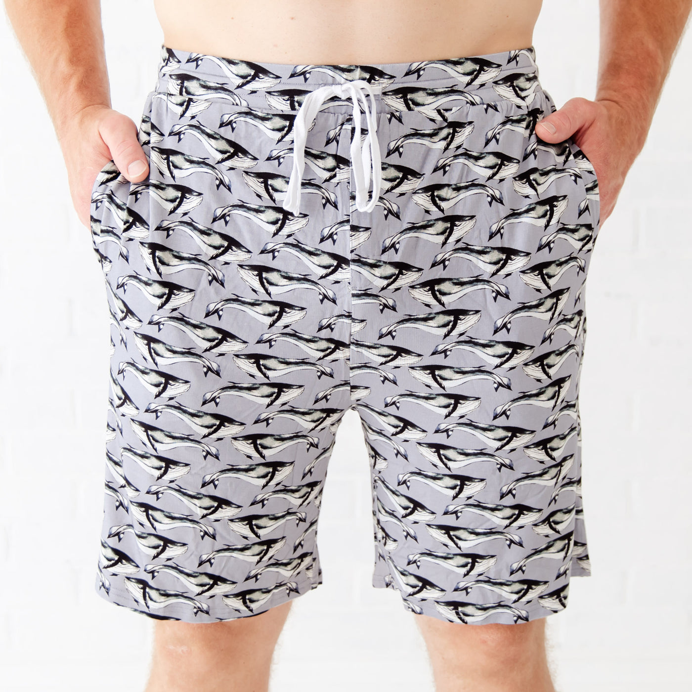 Men’s lounge shorts featuring a fun whale pattern